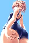  1girl ass ass_grab blush commentary cowboy_shot dd_(ijigendd) grabbing_own_ass hair_ornament highres i-58_(kantai_collection) kantai_collection looking_at_viewer looking_back one-piece_swimsuit pink_eyes pink_hair school_swimsuit short_hair simple_background solo swimsuit 