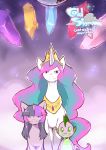  absurd_res anthro cold-blooded-twilight cover cover_page crown crystal dragon equid female feral friendship_is_magic group hair hi_res horn mammal multicolored_hair my_little_pony princess_celestia_(mlp) purple_body royalty spike_(mlp) text twilight_sparkle_(mlp) unicorn white_body 