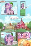  2:3 applejack_(mlp) barn blush butt cold-blooded-twilight comic dialogue dragon english_text equid female feral friendship_is_magic hi_res horn larger_female male mammal my_little_pony outside size_difference smaller_male smile spike_(mlp) text twilight_sparkle_(mlp) unicorn 