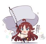  1girl :d aqua_eyes arknights beni_shake blush brown_hair chibi commentary_request earrings flag jewelry long_hair myrtle_(arknights) open_mouth pointy_ears sleeves_past_wrists smile solo translation_request 