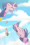  2:3 chariot_(vehicle) cloud cold-blooded-twilight comic dialogue dragon equid female feral flying friendship_is_magic hair hi_res mammal multicolored_hair my_little_pony purple_body royal_guard_(mlp) sky skydiving spike_(mlp) twilight_sparkle_(mlp) wings 