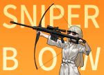  1girl aiming bathrobe black_gloves blonde_hair bow_(weapon) braid copyright_request english_text facing_viewer french_braid gloves gogalking gun highres holding holding_bow_(weapon) holding_weapon korean_commentary long_hair orange_background partly_fingerless_gloves rifle short_sleeves single_glove sniper_rifle solo sunglasses weapon you&#039;re_doing_it_wrong 