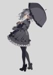  1girl black_dress black_legwear dress gothic_lolita grey_background grey_umbrella hair_between_eyes hair_ornament hair_ribbon high_heels highres idolmaster idolmaster_cinderella_girls kanzaki_ranko lolita_fashion long_sleeves looking_at_viewer looking_back medium_hair parasol puffy_dress red_eyes ribbon serious silver_hair simple_background sketch solo twintails umbrella zhibuji_loom 