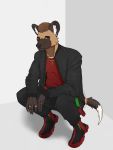  3:4 abitsuiting accessoires african_wild_dog boots bottomwear brown_eyes brown_hair canid canine canis chubby_male clothing crouching darius_davis ear_piercing ear_ring footwear frohawk frown fur hair hi_res jacket jewelry looking_at_viewer male mammal multicolored_body multicolored_fur nails necklace pants pendant piercing ring shirt shoes slightly_chubby solo solo_focus straps topwear zipper 