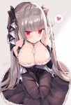  1girl azur_lane bare_shoulders between_breasts black_dress blush breasts cleavage commentary_request dress earrings eyebrows_visible_through_hair formidable_(azur_lane) frilled_dress frills grey_hair hair_ribbon heart highres jewelry large_breasts long_hair long_sleeves looking_at_viewer red_eyes ribbon sinobi_illust sitting solo speech_bubble symbol twintails two-tone_dress two-tone_ribbon very_long_hair white_legwear 