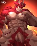  4:5 4_fingers abs anthro balls claws cthugha_(tas) dragon fingers genitals hi_res humanoid_genitalia humanoid_penis male muscular muscular_male nipples nude pecs penis reclamon red_body scalie solo tokyo_afterschool_summoners video_games yellow_sclera 