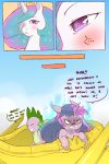  2:3 absurd_res angry blush cold-blooded-twilight comic dialogue dragon english_text equid female friendship_is_magic hair hi_res horn mammal multicolored_hair my_little_pony princess_celestia_(mlp) purple_body rear_view spike_(mlp) text twilight_sparkle_(mlp) unicorn white_body 