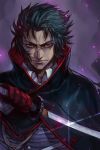  1boy black_hair cape closed_mouth fate/grand_order fate_(series) furrowed_eyebrows glint gloves hankuri hijikata_toshizou_(fate/grand_order) holding holding_sword holding_weapon katana looking_at_viewer male_focus purple_background red_eyes red_gloves sanpaku solo sword upper_body weapon 