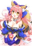  1girl ahoge animal_ear_fluff animal_ears artist_request bare_shoulders blue_kimono blue_legwear blue_ribbon breasts cleavage commentary detached_sleeves eyebrows_visible_through_hair fate/extella fate/extra fate/extra_ccc fate/grand_order fate_(series) flower fox_ears fox_girl fox_tail hair_ribbon japanese_clothes kimono large_breasts looking_at_viewer pink_hair ribbon solo tail tamamo_(fate)_(all) tamamo_no_mae_(fate) yellow_eyes 