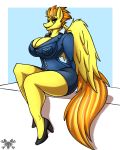  4:5 absurd_res anthro anthrofied big_breasts bottomwear breasts cleavage clothed clothing equid equine female friendship_is_magic hi_res mammal metalfoxxx miniskirt my_little_pony pterippus sitting skirt solo spitfire_(mlp) thick_thighs uniform wings wonderbolts_(mlp) 