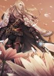  1boy armor belt blonde_hair blue_eyes boots coat final_fantasy final_fantasy_xiv fingerless_gloves flower gloves highres holding holding_sword holding_weapon jacket_on_shoulders long_hair looking_to_the_side mihira_(tainosugatayaki) open_clothes open_coat outdoors petals smile solo sunset sword thigh_boots thighhighs third_eye weapon wind zenos_yae_galvus 