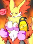  2017 3:4 angry anthro areola big_breasts boxing_gloves breasts canid championship_belt cheek_tuft clothed clothing confident delphox facial_tuft female fur handwear hi_res inner_ear_fluff mammal mlpboxing multicolored_body multicolored_fur nintendo nipples pink_nipples pok&eacute;mon pok&eacute;mon_(species) red_body red_eyes red_fur red_nose shoulder_tuft solo speech_bubble topless tuft video_games white_body white_fur yellow_body yellow_fur yellow_tail 