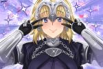  1girl absurdres armor armored_dress bangs black_gloves blonde_hair blue_background blue_eyes blush braid breasts chain closed_mouth collar double_v emotional_engine_-_full_drive fate/apocrypha fate/grand_order fate_(series) gauntlets gloves hands_up headpiece heart highres jeanne_d&#039;arc_(fate) jeanne_d&#039;arc_(fate)_(all) large_breasts long_braid long_hair looking_at_viewer makudesu metal_collar parody single_braid smile solo sparkle star sunburst sunburst_background v very_long_hair 