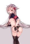  1girl after_sex alternate_hairstyle anus armband ass asymmetrical_gloves azur_lane back bar_censor black_gloves black_legwear black_panties black_shirt blush breasts breasts_outside breath censored commentary cowboy_shot cum cum_in_pussy cum_on_ass cum_on_body cum_on_clothes cum_on_lower_body cumdrip drooling eyebrows_visible_through_hair fingerless_gloves from_behind gloves hair_between_eyes hair_flaps hair_ornament heavy_breathing highres long_hair looking_at_viewer looking_back medium_breasts montpelier_(azur_lane) nipples open_mouth panties panties_aside pussy saliva shirt shirt_lift shokuyou_koori short_sleeves silver_hair simple_background solo spread_pussy sweat thigh_gap thighhighs thighs tongue tongue_out underwear white_background 