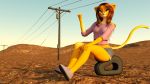  16:9 2020 3d_(artwork) anthro biped bottomwear clothed clothing cutoffs denim denim_clothing digital_media_(artwork) domestic_cat felid felin feline felis female footwear hi_res kawaoneechan letrune mammal outside shirt shorts sitting solo tire topwear widescreen 