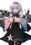  1girl absurdres arms_up azur_lane bare_shoulders black_gloves black_legwear black_ribbon blush breasts dress eyebrows_visible_through_hair fingerless_gloves gloves grey_hair hair_between_eyes hair_ornament hairband hairclip highres hinaname large_breasts looking_at_viewer machinery necktie pantyhose purple_eyes red_neckwear reno_(azur_lane) ribbon short_hair simple_background skirt sleeveless smile solo underboob white_background 