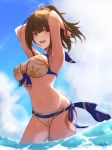  1girl absurdres ahoge armpits arms_behind_head arms_up bangs bare_shoulders bikini blue_bikini blue_sky blush braid breasts brown_eyes brown_hair cleavage gloves highres idolmaster idolmaster_shiny_colors kuwayama_chiyuki large_breasts long_hair looking_at_viewer navel ocean open_mouth ponytail shionootsu sky smile solo swimsuit two-tone_bikini wading white_bikini 