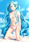  1girl barefoot bikini blue_eyes blue_hair blue_sky breasts cleavage cloud collarbone dana_(ys) day eyebrows_visible_through_hair floating_hair front-tie_bikini front-tie_top full_body highres kneeling long_hair looking_at_viewer mussyu_danachan navel outdoors parted_lips shiny shiny_hair side-tie_bikini sky small_breasts solo swimsuit underboob very_long_hair white_bikini ys ys_viii_lacrimosa_of_dana 