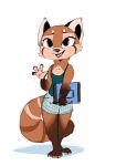  ailurid anthro barefoot bottomwear brown_body brown_eyes brown_fur claws clothing facial_markings fangs female fur head_markings hi_res holding_object mammal markings open_mouth open_smile red_panda ribbontini shirt shorts signature simple_background smile solo standing tank_top toe_claws topwear white_background 