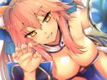  1girl animal_ear_fluff animal_ears blue_kimono blue_ribbon breasts cleavage commentary commentary_request eyebrows_visible_through_hair fate/extella fate/extra fate/extra_ccc fate/grand_order fate_(series) fox_ears fox_girl fox_tail hair_ribbon japanese_clothes kimono large_breasts looking_at_viewer pink_hair ribbon solo tail tamamo_(fate)_(all) tamamo_no_mae_(fate) wisespeak yellow_eyes 