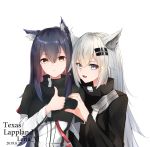  2girls animal_ear_fluff animal_ears arknights artist_name black_capelet black_coat black_hair breasts capelet character_name closed_mouth coat dated ear_piercing earrings eyebrows_visible_through_hair fang hair_between_eyes hair_ornament heart heart_hands heart_hands_duo highres jacket jewelry lappland_(arknights) leria_v long_hair long_sleeves looking_at_viewer medium_breasts multiple_girls open_mouth piercing side-by-side silver_eyes silver_hair simple_background slit_pupils smile sparkle texas_(arknights) thumbs_up upper_body white_background white_jacket wolf_ears yellow_eyes 