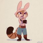  1:1 ailurid anthro barefoot bottomwear brown_body brown_eyes brown_fur clothed clothing crossed_arms facial_markings fake_ears fake_rabbit_ears fully_clothed fur head_markings hi_res hoodie mammal markings open_mouth red_panda ribbontini shorts simple_background solo standing tan_background teeth topwear 