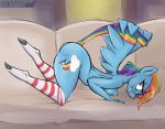  anthro ass_up bedroom_eyes breasts butt equid equine female friendship_is_magic furniture holding_tail longtailshort looking_at_viewer mammal mostly_nude my_little_pony narrowed_eyes pterippus rainbow_dash_(mlp) seductive sofa solo stripes wings 