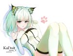  1girl animal_ear_fluff animal_ears arknights artist_name bare_shoulders blush breasts cat_ears character_name chinese_commentary dated dress elbow_gloves eyebrows_visible_through_hair fang gloves green_dress green_eyes green_gloves green_hair green_legwear hand_on_own_chest kal&#039;tsit large_breasts leria_v looking_at_viewer lying off-shoulder_dress off_shoulder on_back open_mouth parted_lips short_hair silhouette solo thighhighs thighs 