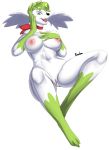  2020 3_toes 5_fingers anthro areola black_nose bourbon._(artist) breasts digital_media_(artwork) fangs female fingers genitals green_eyes hi_res legendary_pok&eacute;mon looking_at_viewer nintendo nipples nude open_mouth pok&eacute;mon pok&eacute;mon_(species) pussy shaymin signature simple_background sky_forme_shaymin solo toes video_games white_background 