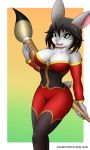  3:5 anthro big_breasts biped black_hair breasts brush cleavage clothed clothing deneira_(diamondstorm) diamondstorm female fur green_eyes grey_body grey_fur hair hi_res lagomorph looking_at_viewer mammal paintbrush simple_background solo standing thick_thighs 