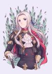  1girl cape closed_mouth dakiarts edelgard_von_hresvelg fire_emblem fire_emblem:_three_houses garreg_mach_monastery_uniform gloves hair_ribbon highres long_hair long_sleeves purple_eyes red_cape ribbon solo uniform upper_body white_gloves white_hair 