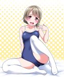  1girl :d =d arm_behind_back arm_up bangs bare_arms bed_sheet blush breasts cameltoe collarbone eyebrows_visible_through_hair hair_ornament halftone halftone_background heart heart_hair_ornament knee_up light_brown_hair looking_at_viewer love_live! love_live!_school_idol_festival nakasu_kasumi one-piece_swimsuit open_mouth polka_dot polka_dot_background red_eyes short_hair sitting sleeveless small_breasts smile solo spread_legs swimsuit thighhighs upper_teeth v white_legwear yopparai_oni 