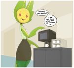  antennae_(anatomy) anthro border bottomwear clothed clothing coffee_maker coffee_mug dialogue elemental_creature english_text female flora_fauna leavanny looking_at_viewer nintendo office plant pok&eacute;mon pok&eacute;mon_(species) red_eyes shoutingisfun skirt smile solo talking_to_viewer text video_games white_border 