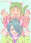  2boys absurdres blue_hair blush brown_eyes cat_day claw_pose dated green_hair hair_over_one_eye highres hood hoodie inazuma_eleven inazuma_eleven_(series) kazemaru_ichirouta long_hair looking_at_viewer midorikawa_ryuuji multiple_boys open_mouth ponytail smile yoi_(207342) 