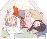  2dk_g_pen_mezamashidokei 2girls ^_^ ahoge black_hair blanket blonde_hair book camp closed_eyes fujimura_kaede grin kazuki_nanami lying multiple_girls oosawa_yayoi pillow scarf smile 