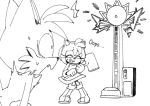  2020 amy_rose anthro black_and_white bodily_fluids boots canid canine clothing dress duo english_text eulipotyphlan eyes_closed female footwear fox gloves grin hammer handwear hedgehog hi_res high_striker holding_object holding_tool kohane01 male mammal miles_prower monochrome shocked smile sonic_the_hedgehog_(series) standing sweat text tools 
