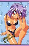  1990s_(style) 1girl bikini black_bikini character_name idol_project looking_at_viewer lowres musical_note noritaka_suzuki official_art patterned_background purple_hair red_eyes shiny shiny_skin short_hair simmons_layla-b. solo swimsuit 