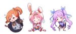  &gt;_&lt; 3girls :d ^_^ akane_mimi animal_ears animal_hat bangs black_cape black_gloves black_pants blue_kimono blue_ribbon blue_shorts blush bomb boots braid brown_eyes brown_footwear brown_hair bunny_ears bunny_hair_ornament bunny_hat cape capelet chibi closed_eyes closed_mouth cross-laced_footwear eyebrows_visible_through_hair facing_viewer fake_animal_ears flying_sweatdrops fork frilled_skirt frills fur-trimmed_capelet fur_trim gloves green_pepper hair_intakes hair_ornament hair_ribbon hat hikawa_kyouka hodaka_misogi hood hood_down hooded_cape japanese_clothes kimono lace-up_boots long_hair long_sleeves looking_away mittens multiple_girls open_mouth outstretched_arms pants parted_bangs pink_capelet pink_hair pink_headwear pleated_skirt pointy_ears princess_connect! princess_connect!_re:dive puffy_pants puffy_short_sleeves puffy_sleeves purple_hair purple_skirt red_mittens ribbon ringlets shoe_soles short_sleeves shorts side_ponytail simple_background sitting skirt skull_print smile socks standing tokenbox twin_braids twintails very_long_hair wavy_mouth white_background white_legwear wide_sleeves 