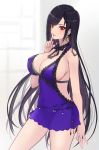  1girl backless_dress backless_outfit black_hair bra_strap breasts cleavage covered_navel covered_nipples crescent crescent_earrings denken dress earrings final_fantasy final_fantasy_vii final_fantasy_vii_remake finger_to_mouth highres jewelry long_hair parted_lips purple_dress red_eyes short_dress sideboob smile solo tifa_lockhart very_long_hair 