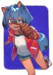  2020 5_fingers anthro black_hair blue_body blue_eyes blue_fur blue_hair brand_new_animal brown_body brown_fur canid canine clothed clothing cute_fangs female fingers fluffy fluffy_tail footwear fur hair hi_res jacket lizzy_imo mammal michiru_kagemori multicolored_hair multicolred_eyes open_jacket open_mouth pink_eyes raccoon_dog shoes short_hair solo studio_trigger tanuki topwear 