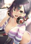  1girl bangs breasts cleavage commentary curtains desk drawing_tablet fang hair_between_eyes hair_ornament hairclip headphones headphones_around_neck holding_headphones hood hoodie large_breasts looking_at_viewer midriff mouse_(computer) open_clothes open_hoodie open_mouth original purple_hair striped_hoodie stylus sweatdrop teddy_(khanshin) window yellow_eyes zipper zipper_pull_tab 