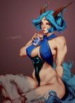  1girl blue_hair bottomless breasts cleavage covered_nipples criss-cross_halter crossed_arms cup disposable_cup drinking_straw facial_mark forehead_mark fur green_eyes grey_fur hair_rings halterneck highres horns large_breasts lera_pi lips looking_at_viewer monochrome nose original signature solo tail third_eye 