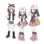  3girls :d bag baseball_cap beanie black_eyes black_footwear boots brown_hair commentary_request dawnlover_01 dual_persona full_body hat hikari_(pokemon) korean_commentary long_hair looking_at_viewer multiple_girls open_mouth pink_footwear pokemon pokemon_(game) pokemon_bw pokemon_dppt scarf shoelaces simple_background smile standing touko_(pokemon) white_background white_headwear 