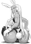  1girl animal_ears ass bare_arms bare_shoulders boku_no_hero_academia breasts bunny_ears bunny_girl bunny_tail dark_skin dekosukentr from_behind hand_on_own_ass highres huge_ass large_breasts leotard long_hair looking_at_viewer muscle muscular_female simple_background sitting sleeveless solo tail teeth thighhighs thong_leotard usagiyama_rumi white_background 