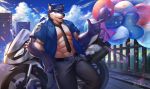  abs anthro black_nose canid canine canis clothing digital_media_(artwork) fur fuwayuuko hi_res kemono male mammal motorcycle muscular muscular_male pecs solo vehicle wolf 