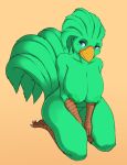  anthro avian beak big_breasts blue_eyes breasts chocobo feather_hair feathers female final_fantasy green_body green_feathers hanging_breasts hi_res huge_breasts looking_at_viewer monotone_body nipples non-mammal_breasts nude orange_background pseudo_hair simple_background sitting smile solo sophie_(tabra) square_enix sukebepanda tail_feathers talons video_games wide_hips 