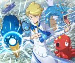  1boy absurdres binacle blonde_hair blue_eyes chef_uniform clawitzer gyarados highres ocean octillery pokemoa pokemon pokemon_(game) pokemon_masters pokemon_xy rock shore starmie tagme water zumi_(pokemon) 