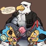  animal_crossing anthro apollo_(animal_crossing) avian balls black_clothing black_topwear blue_body blue_feathers blush bodily_fluids brown_background clothing cum cum_drip cum_drool cum_on_face cum_on_leg dialogue dripping english_text eyewear feathers genital_fluids genitals group headgear headphones headset humanoid_genitalia humanoid_penis male nintendo orville_(animal_crossing) penis simple_background speech_bubble sunglasses sweat sweatdrop taki_takoyakis text tongue tongue_out topwear video_games white_body white_feathers wilbur_(animal_crossing) 