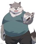  2020 anthro belly black_nose bodily_fluids bottomwear bulge canid canine clothing crying hi_res humanoid_hands kemono male mammal overweight overweight_male shirt shorts simple_background solo tears topwear uokkom white_background 