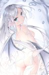  1girl :t ass blue_eyes blurry braid breasts cowboy_shot facial_mark highres long_hair looking_at_viewer looking_back low_wings medium_breasts mishuo_(misuo69421) nude original pout raised_eyebrow shoulder_blades silver_hair solo very_long_hair water wings 